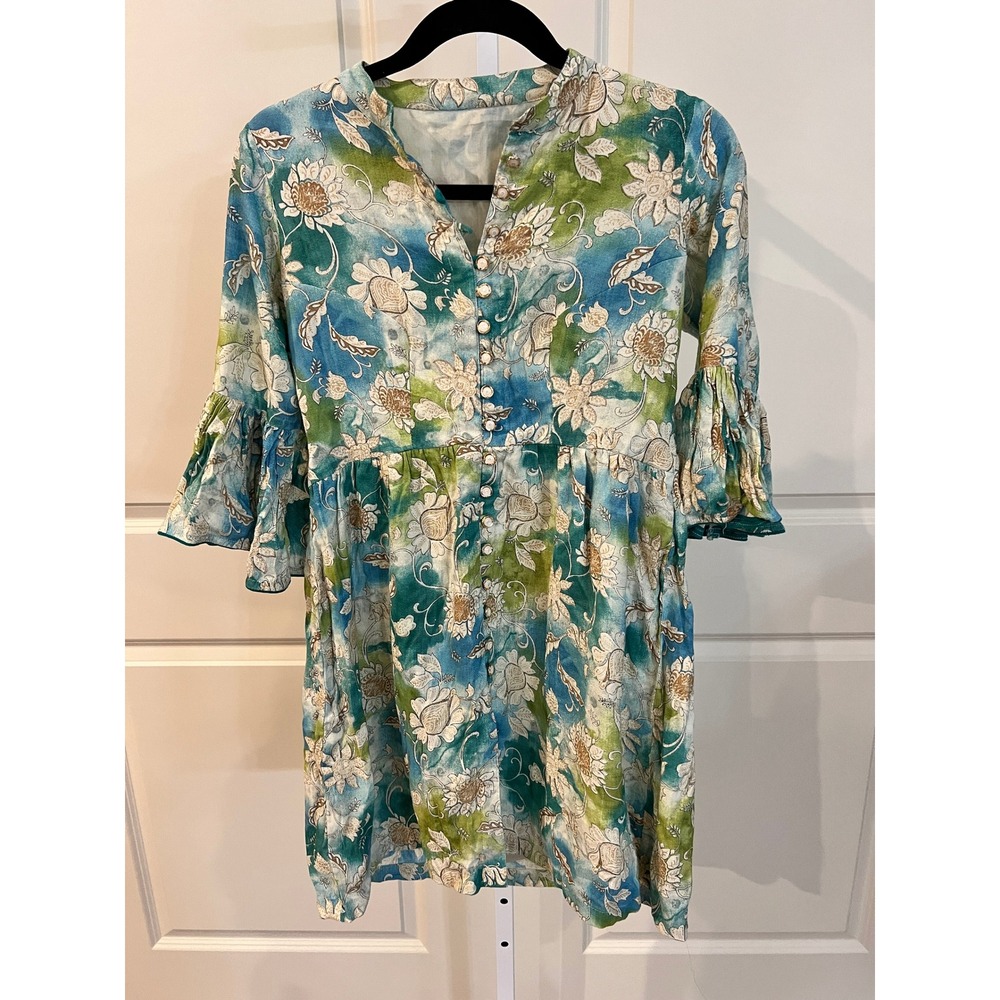 Boho Vintage Floral Button Down Mini Dress Teal Green Ruffle Sleeve Tunic